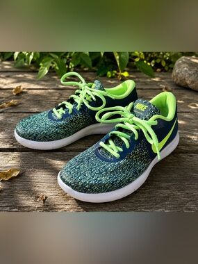 Nike Flex Contact Running Shoes Blue Green Big Kids 7Y Womens 8.5